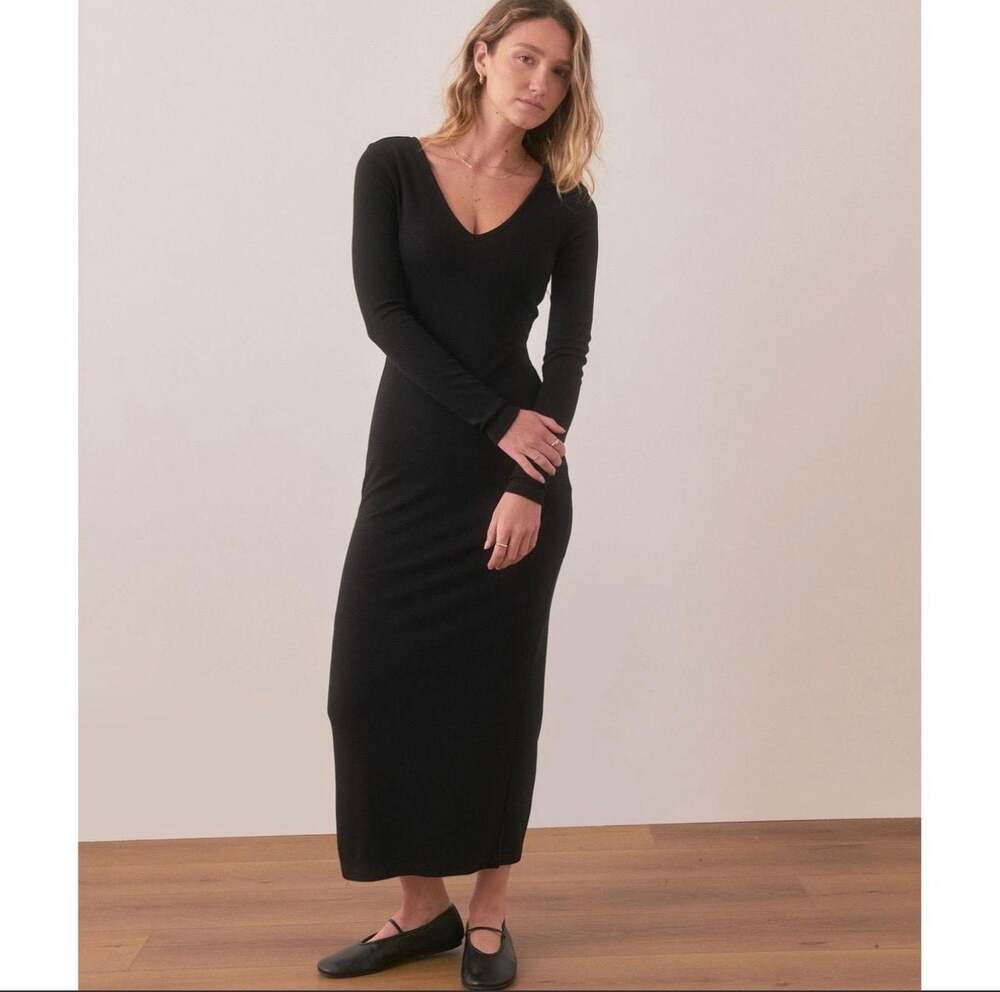 Marine Layer Lexi Rib V-Neck Long Sleeve Maxi Dress Black Size M